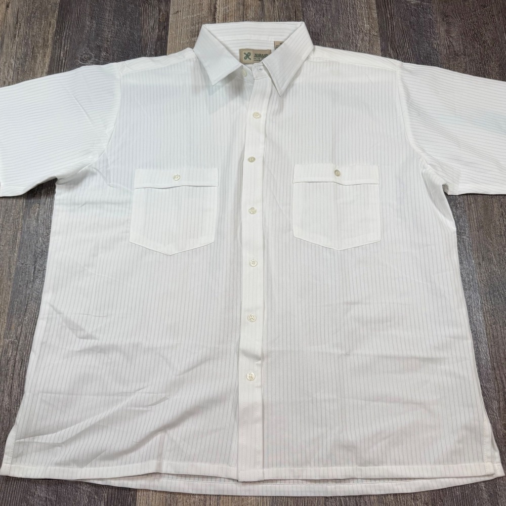 Haband Mens XL White Pinstripe Short Sleeve Button Down Shirt Dual Pocket XL New